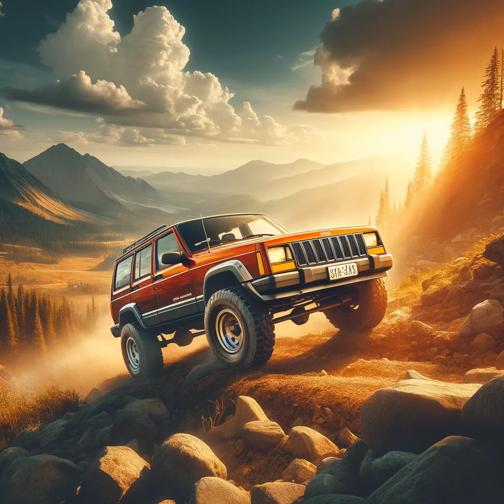 DALL·E 2024-06-12 12.08.19 - A dynamic scene featuring a Jeep Cherokee XJ from the 1990s navigating rugged off-road terrain. The Jeep is painted in a bold orange color. The backgr