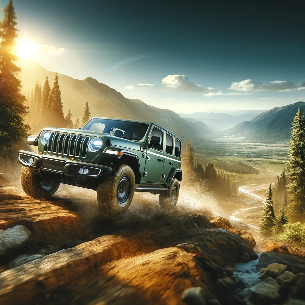 DALL·E 2024-06-12 12.08.22 - A dynamic scene featuring a modern Jeep from the 2020s navigating rugged off-road terrain. The Jeep is painted in a striking green color. The backgrou