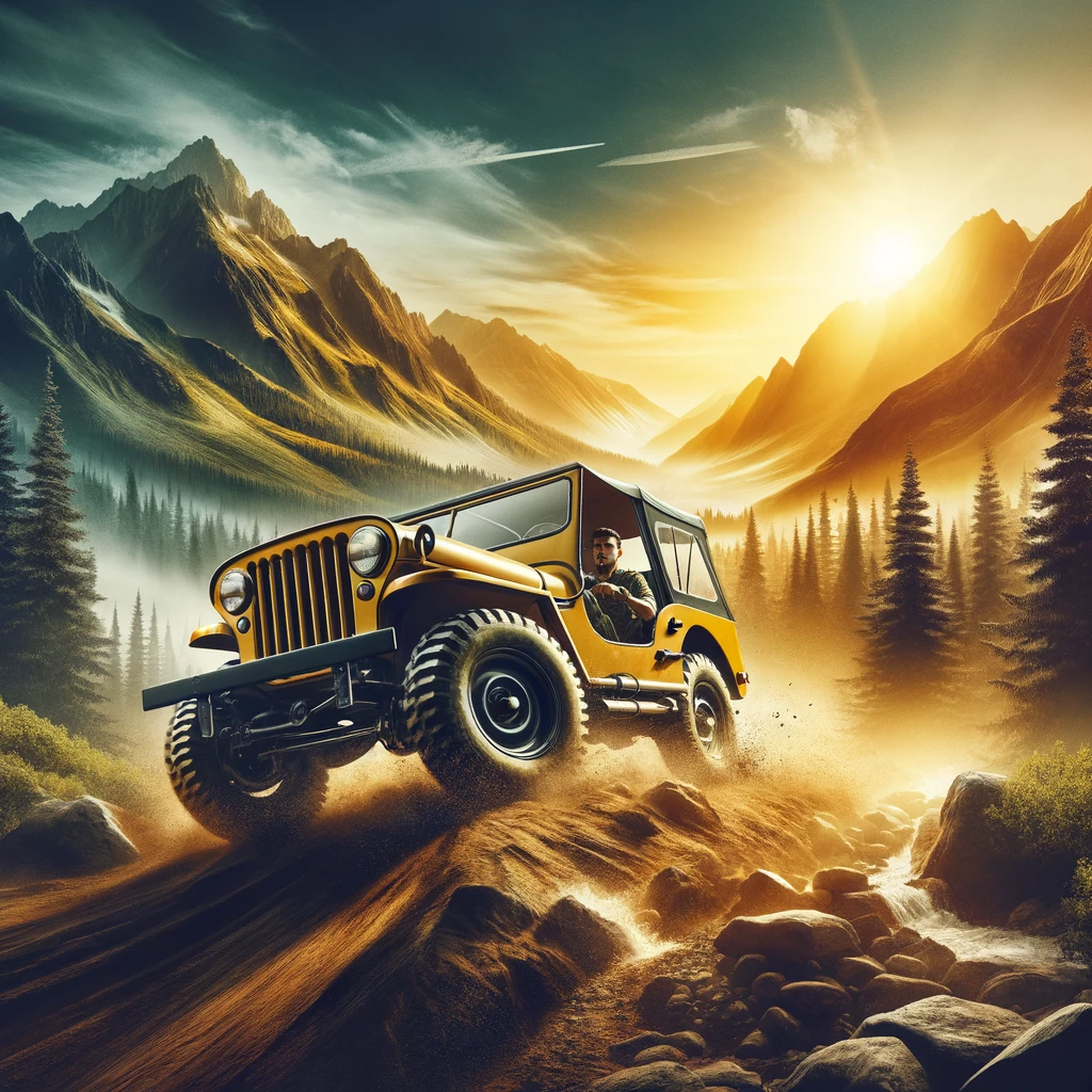 DALL·E 2024-06-12 12.08.26 - A dynamic scene featuring a Jeep from the 1960s navigating rugged off-road terrain. The Jeep is painted in a bright yellow color. The background depic