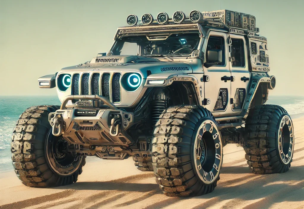 DALL·E 2024-07-05 10.06.53 - A futuristic scene featuring a Jeep-inspired 4WD vehicle. The vehicle has a rugged and advanced design with large all-terrain tires, reinforced body,