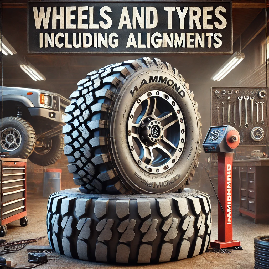 DALL·E 2024-07-30 09.51.20 - A lifelike promotional image for Hammond 4WD's 'Wheels and Tyres' service. The image features a set of rugged off-road tires and wheels, with one tire