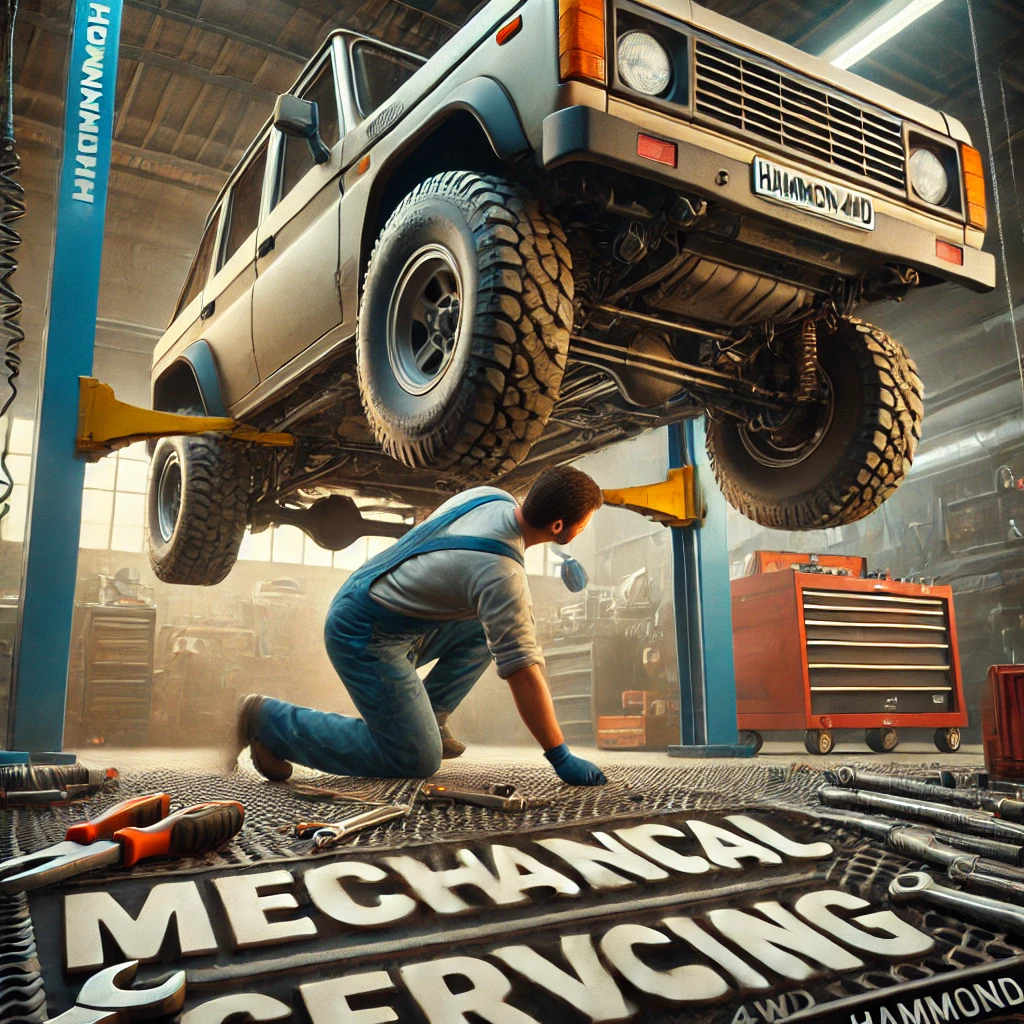 DALL·E 2024-07-30 09.51.22 - A lifelike promotional image for Hammond 4WD's 'Mechanical Servicing' service. The image features a mechanic working under a 4WD vehicle, using tools