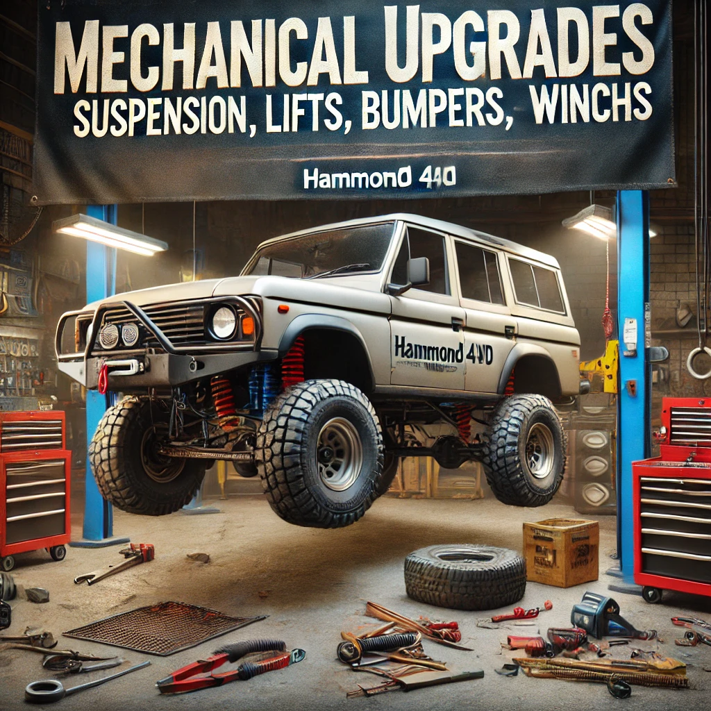 DALL·E 2024-07-30 09.51.24 - A lifelike promotional image for Hammond 4WD's 'Mechanical Upgrades' service. The image features a 4WD vehicle being upgraded with new suspension, lif