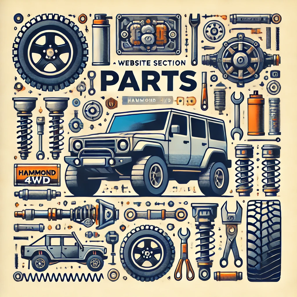 DALL·E 2024-08-26 10.54.09 - Create an image for a website section dedicated to 'Parts' for Hammond 4WD. The image should feature a variety of 4WD vehicle parts, such as tires, su