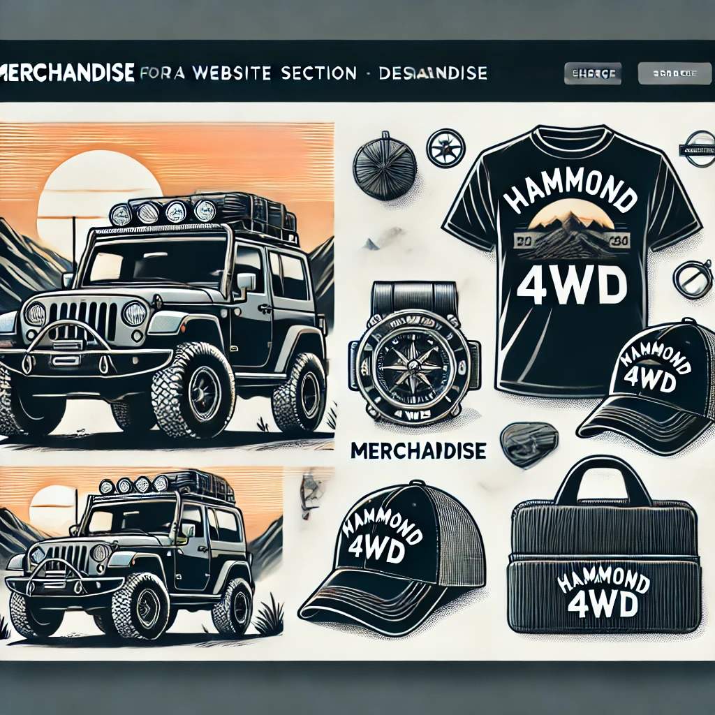 DALL·E 2024-08-26 10.54.11 - Create an image for a website section dedicated to 'Merchandise' for Hammond 4WD. The image should feature branded items like hats, t-shirts, and acce