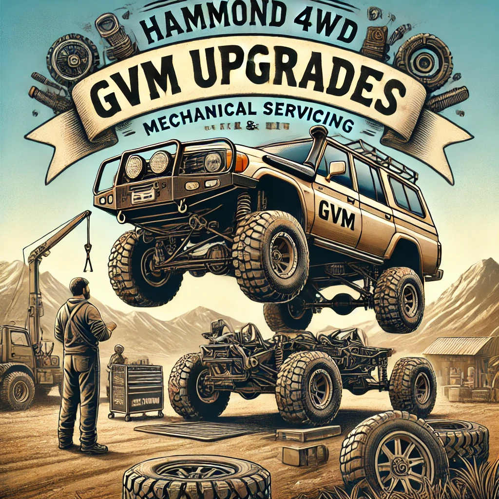 DALL·E 2024-09-09 19.33.37 - Create a promotional image for Hammond 4WD's 'GVM Upgrades' service. The image should feature a rugged 4WD vehicle being equipped with GVM upgrade com